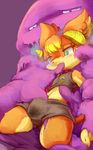  2014 anthro black_nose blue_tongue bound bulge clothed clothing duo forced fur goo gredtrain green_eyes interspecies male muk nintendo oral orange_fur pok&eacute;mon pok&eacute;philia purple_background purple_body rape slime tears video_games yellow_fur 