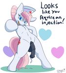  &lt;3 2014 animal_genitalia balls bipedal blue_eyes cum cutie_mark dialogue dickgirl earth_pony english_text equine flaccid friendship_is_magic fur hair hat horse horsecock intersex looking_at_viewer mammal multicolored_hair my_little_pony nurse_hat nurse_redheart_(mlp) penis pink_hair plain_background pony skoon solo text vein white_background white_fur 