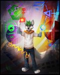  abstract_background anthro black_nose canine clothing cyberpunk fluffy_tail fur green_eyes green_hair grey_fur hair hoodie jeans male mammal paws signature solo thanshuhai white_fur wolf 