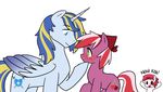  blue_eyes blush cutie_mark duo equine fan_character female fur green_eyes hair horn horse kilala97 male mammal my_little_pony plain_background pony text two_tone_hair white_fur winged_unicorn wings young 