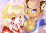  big_breasts blue_eyes blush breast_envy breasts canine cleavage dog female fox furry japanese_clothes japanese_outfit kemono large_breasts mammal multiple_girls noa open_mouth red_eyes unknown_artist 
