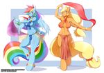  2014 anthro anthrofied applejack_(mlp) big_breasts breasts clothed clothing cutie_mark earth_pony equine erect_nipples female friendship_is_magic harem_outfit horse mammal mleonheart my_little_pony navel nipples pegasus pony rainbow_dash_(mlp) side_boob skimpy underwear wings 