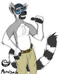  2014 anthro belt blue_eyes clothing fur half_naked lemur looking_at_viewer male mammal metalsmile pants primate ringtailed_lemur sketch smile solo 