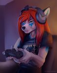  ambiguous_gender anthro canine clothing controller fur green_eyes hair headphones koul mammal markings playstation_controller red_hair shirt sofa solo sony tree wolf 