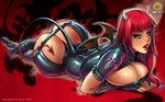  big_breasts big_butt breasts butt cleavage clothed clothing demon female green_eyes hair high_heels horn lips looking_at_viewer red_hair reiq solo succubus wings 