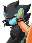  2014 ambiguous_gender bestiality black_fur blue_fur blush censor_bar censored duo faceless_male feral fur human human_on_feral interspecies japanese_text luxray male mammal nintendo plain_background pok&eacute;mon pok&eacute;philia red_nose text vein video_games white_background yellow_eyes あぁち 