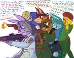  anthro blonde_hair blood blue_eyes bonnie_(fnaf) chica_(fnaf) cleavage clothed clothing english_text female five_nights_at_freddy&#039;s foxy_(fnaf) freddy_(fnaf) grey_hair group gun hair headband konami male metal_gear_solid mike_schmidt ranged_weapon tears text weapon 