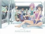  4girls absurdres artist_request bare_arms bare_legs bare_shoulders barefoot black_hair blue_hair breasts brown_hair cleavage code_geass:_boukoku_no_akito copyright_name feet ferilli_baltrow glasses green_eyes green_hair highres hyuuga_akito indoors joe_wise kate_novak kousaka_ayano labcoat lying medium_breasts midriff_peek multiple_boys multiple_girls naruse_yukiya official_art on_back pantyhose ponytail purple_eyes purple_hair sayama_ryou shirt short_hair shorts sitting sleeveless sleeveless_shirt sophie_randall thighhighs uniform 