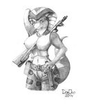  2014 anthro breasts camo cleavage clothed clothing cobra don_ko fangs female greyscale gun hand_behind_head holster knife looking_at_viewer midriff monochrome navel plain_background ranged_weapon reptile rifle scalie shandi shirt sketch snake solo star weapon white_background 
