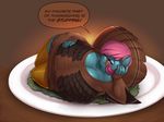 2014 anthro big_breasts blue_body breasts cleavage clothed clothing costume dialogue english_text equine female hair half-closed_eyes holidays huge_breasts kevinsano looking_at_viewer lying mammal obese on_side overweight pink_hair plate ruby_blossom smile solo text thanksgiving 