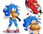  anthro bandage bandanna big_breasts breasts cleavage clothed clothing crossgender cuisine curly_hair echidna erect_nipples female flexing gloves hair hedgehog knuckles_the_echidna male mammal monotreme muscles nipple_bulge nipples sega shorts skimpy smile sonic_(series) sonic_the_hedgehog thinking thong voluptuous 