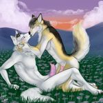  2014 anthro blush butt canine couple duo erection eyes_closed fur gay hair horn kissing lying male mammal natural nude outside paws penis romantic sex sunset wolf yaoi-no-mikan 