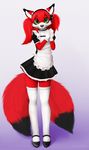  2014 anthro canine clothed clothing cub cute female fox fur green_eyes hair happy jamesfoxbr jully legwear looking_at_viewer maid maid_uniform mammal multiple_tails plain_background smile solo standing stockings young 