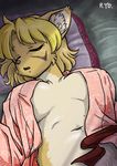 al animated bed blush breast_grab breast_squeeze breasts canine clothing dog female fur hair looking_at_viewer lying mammal navel nipples on_back open_shirt partially_clothed pillow ryou shirt sleeping solo sweat 