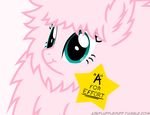  2014 english_text equine eyelashes fan_character female feral fluffle_puff fluffy fur horse mammal mixermike622 my_little_pony pink_fur plain_background pony smile solo text white_background 