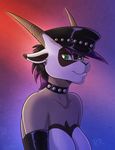  antelope choker cleavage clothed clothing ear_piercing elbow_gloves female gloves gradient_background green_eyes hat horn kadath looking_at_viewer mammal olivia_(kadath) oryx piercing solo 