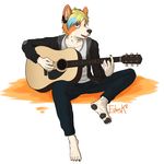  acoustic anthro canine corgi dog edesk guitar hindpaw hoodie looking_at_viewer male mammal musical_instrument musician pawpads paws piercing playing_music punk solo 
