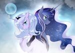  blue_eyes blue_fur cloud crown duo equine female feral friendship_is_magic fur hair horn long_hair mammal moon my_little_pony pink_fur princess_luna_(mlp) star winged_unicorn wings yuki-zakuro 