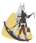  anthro armor big_ears big_tail claws clothed clothing cosplay fangs feline female footwear hair holding_weapon legwear long_hair mammal ponytail sabertooth scythe simple_background snow_(snowier) solo spearfrost stockings teeth weapon white_eyes white_hair 