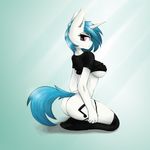  abstract_background anthro big_breasts blue_hair breasts butt clothed clothing cutie_mark equine female friendship_is_magic fur hair hooves horn kneeling legwear long_hair mammal musical_note my_little_pony ninjapony panties panties_down pink_eyes rear_view skimpy solo stockings under_boob underwear unicorn vinyl_scratch_(mlp) white_fur 