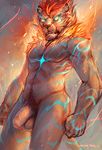  abs anthro balls biceps cheetahpaws feline fire flaccid fur glowing glowing_eyes hair lion looking_at_viewer magic male mammal manly muscles nude pecs penis pose pubes solo standing toned uncut vein 