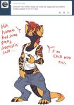  alternate_costume anthro anthrofied ask_blog beelzemon_(artist) clothing dialogue english_text fan_character ga&euml;l_the_scrafty male nintendo pants pants_pull pok&eacute;mon sagging_pants scrafty shirt smug solo tank_top text video_games 