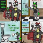  2014 3_toes anthro bathroom canine claws comic dialogue dragon duo english_text fangs fur grey_fur horn humor hyena male mammal metalsmile paws reptile scales scalie size_difference sofa spots teeth text toes toilet 