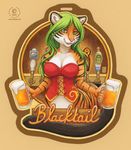  2014 alcohol anthro beer beverage black_hair cat chakat chakat_blacktail clothing corset feline female fur green_eyes green_hair hair kacey mammal pen pub reflection taur tiger_stripes white_fur 