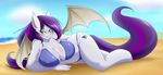  absurd_res anthro bat_pony beach bedroom_eyes big_breasts bikini blush breasts clothing cutie_mark equine fan_character female fur green_eyes hair hi_res hooves long_hair looking_at_viewer lying mammal membranous_wings mleonheart my_little_pony navel outside presenting purple_hair seaside smile solo swimsuit thestral two_tone_hair wings 