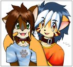  anthro blue_hair brown_hair canine clothing collar duo feline fox green_eyes hair male mammal pawprint shirt sky_(character) tag tenchi tiger xalmonita yellow_eyes 