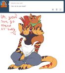  anthro anthrofied ask_blog beelzemon_(artist) clothing dialogue duo fan_character feral ga&euml;l_the_scrafty glikko looking_up male nintendo on_head pants pok&eacute;mon scrafty shirt sitting size_difference tank_top the_enchanted_journey video_games 