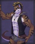  abs anthro biceps black_fur black_hair black_nose blonde_hair blue_eyes briefs brown_fur bulge clothing ear_piercing facial_piercing feline feralise fur grin hair hybrid jacket lip_piercing looking_at_viewer male mammal markings muscles mustelid necklace open_shirt otter pecs piercing pose shirt smile solo standing stripes tiger toned underwear vest white_fur 