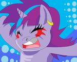  anthro ear_piercing equine eyes_closed facial_markings female friendship_is_magic fur grey_fur hair horn mammal markings my_little_pony open_mouth pattern_background piercing purple_hair solo tailsisbest twilight_sparkle_(mlp) two_tone_hair unicorn 