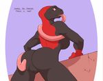  amphibian anthro anus black_skin breasts butt female frog long_tongue looking_back nude poison_(character) pussy red_eyes red_skin side_boob solo spotty_the_cheetah tongue 