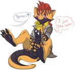  anthro anthrofied balls beelzemon_(artist) black_penis blush bottomless clothed clothes_swap clothing english_text erection fan_character ga&euml;l_the_scrafty half-dressed jacket looking_away male masturbation nintendo penis pok&eacute;mon scarf scrafty shy sitting solo text uncut video_games voyeur 