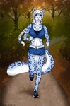  2014 anthro autumn blue_eyes blue_fur breasts cat clothing eliana-asato feline female fur hair jogging kalmia leopard mammal nature outside park shirt shorts snow_leopard snowfallthepegasus solo sport tank_top tree white_hair 