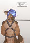  abs anthro balls bdsm biceps black_nose blue_eyes blue_hair bondage bondage_gear bound brown_fur canine collar dog front_view fur german_shepherd grin hair leash looking_at_viewer male mammal manly muscles nude pecs penis penis_tip sheath smile solo spazzyhusky standing toned wolf 