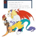  anthro armor ask_blog bandai beelzemon_(artist) blush clothed clothes_swap clothing digimon dragon duo eye_contact fan_character ga&euml;l_the_scrafty half-dressed male meme nintendo pants pok&eacute;mon rape_face scrafty size_difference topless torn_clothing uhoh video_games wings 
