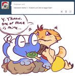  ambiguous_gender anthro ask_blog bags beelzemon_(artist) bigger_version_at_the_source candy chocolate crouching duo english_text fan_character froakie ga&euml;l_the_scrafty kneeling lollipop luce_the_greninja male meme musical_note nintendo pok&eacute;mon sad scraggy text video_games 