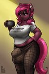  2014 anthro big_breasts bow breasts bulge cauldroneer charlotte clothing cup dickgirl ear_piercing equine fan_character freckles hair half-closed_eyes holding horn intersex long_hair looking_away mammal my_little_pony pants phurie piercing pink_eyes pink_hair pink_skin shirt solo standing unicorn 