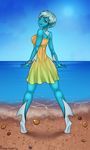  2014 beach blue_hair blue_skin dress eliana-asato female green_eyes hair humanoid outside sea seaside shells short_hair smile solo standing sun water 