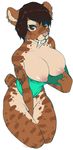  anthro areola big_areola big_breasts big_nipples breasts cleavage clothed clothing fangs feline female looking_at_viewer mammal niis nipples presenting sabertooth smilodon solo 