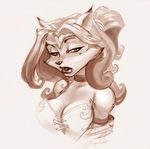  anthro breasts bust_portrait canine carmelita_fox cleavage clothed clothing corset digital_media_(artwork) female fox joe_madureira lacing lips looking_at_viewer mammal monochrome ponytail sly_cooper_(series) solo white_topwear 