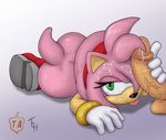  2014 amy_rose anthro balls black_nose butt cum cum_on_face disembodied_penis duo female gloves green_eyes hair hedgehog looking_at_viewer lying male mammal nude penis pink_hair ring sega solo_focus sonic_(series) straight the_other_half tongue tongue_out vein 