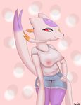  anthro breasts brixxx clothing female looking_at_viewer mienshao nintendo nipples pants plain_background pok&eacute;mon shirt solo video_games voluptuous 