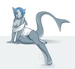  2014 5_fingers 5_toes alesia anthro breasts clothed clothing ear_piercing female fish hindpaw kittydee leaning marine nipples panties paws piercing pinup plain_background pose shark sitting skimpy smile solo sweater toes underwear white_background 