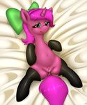  after_sex anthro bed bedroom_eyes blush bow clitoris cub cum cum_in_pussy cum_inside digital_media_(artwork) equine fan_character female fur green_eyes hair hi_res hooves horn legwear long_hair looking_at_viewer lying mammal my_little_pony navel on_back open_mouth pink_hair presenting pussy replica_(artist) smile solo stockings unicorn young 