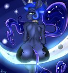  absurd_res anthro bedroom_eyes blue_fur blue_hair cutie_mark dawntrotter equine female friendship_is_magic fur hair hi_res hooves horn long_hair looking_at_viewer looking_back mammal moon my_little_pony outside presenting princess_luna_(mlp) rear_view sitting smile solo star teal_eyes unicorn 