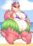  2014 alligator beach big_breasts breasts claws clothed clothing cloud female flower horn maisyrawr markings navel obese outside overweight pink_eyes pink_scales plant reptile scalie sea seaside skimpy solo spikes spots water 