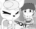  alfa995 animal_crossing blush cervine deer diana_(animal_crossing) english_text eyes_closed female human male mammal monochrome nintendo sneezing soup text video_games 